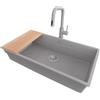 PRIMAGRAN Lavandino sottotop al Mobile 90cm + Rubinetto, 86x47cm | Set: Rubinetto BW9070 + Kit di scarico + Tagliere + Lavello in Granito a 1 Vasca - Prague 90 Level, Grigio