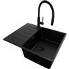 PRIMAGRAN Lavandino Angolare al Mobile 45cm + Rubinetto, 62x50cm | Set: Rubinetto BW6030 + Kit di scarico + Lavello in Granito a 1 Vasca - Copenhagen, Tutto Nero