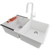 PRIMAGRAN Lavandino sottotop al Mobile 80cm + Rubinetto, 76x47cm | Set: Rubinetto BW9070 + Kit di scarico + Scolapasta avvolgibile + Lavello in Granito a 2 vasche - London Twin, Bianco
