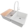 PRIMAGRAN Lavandino da Cucina al Mobile 80cm + Rubinetto, 76x47cm | Set: Rubinetto BW6030 + Kit di scarico + Tagliere + Lavello in Granito a 2 vasche - London Twin Slim, Bianco