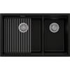 PRIMAGRAN Lavello sottotop al Mobile 80cm + Kit di scarico, 76x47cm | Set: Kit di scarico + Scolapasta avvolgibile + Lavandino in Granito a 2 vasche - Prague Duo Level, Nero Metallico