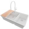PRIMAGRAN Lavandino sottotop al Mobile 80cm + Rubinetto, 76x47cm | Set: Rubinetto BW6030 + Kit di scarico + Tagliere + Lavello in Granito a 2 vasche - Prague Duo Level, Tutto Bianco