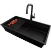 PRIMAGRAN Lavandino sottotop al Mobile 90cm + Rubinetto, 86x47cm | Set: Rubinetto BW9070 + Kit di scarico + Scolapasta avvolgibile + Lavello in Granito a 1 Vasca, Tutto Nero