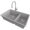 PRIMAGRAN Lavandino sottotop al Mobile 80cm + Rubinetto, 76x47cm | Set: Rubinetto BW6020 + Kit di scarico + Lavello in Granito a 2 vasche - Prague Duo Level, Grigio