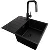 PRIMAGRAN Lavandino Angolare al Mobile 45cm + Rubinetto, 62x50cm | Set: Rubinetto BW9070 + Kit di scarico + Lavello in Granito a 1 Vasca - Copenhagen, Tutto Nero