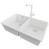PRIMAGRAN Lavandino da Cucina al Mobile 80cm + Rubinetto, 76x47cm | Set: Rubinetto BW3010 + Kit di scarico + Lavello in Granito a 2 vasche - London Twin Slim, Tutto Bianco