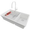 PRIMAGRAN Lavandino sottotop al Mobile 80cm + Rubinetto, 76x47cm | Set: Rubinetto BW6020 + Kit di scarico + Scolapasta avvolgibile + Lavello in Granito a 2 vasche, Tutto Bianco