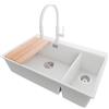 PRIMAGRAN Lavandino da Cucina al Mobile 80cm + Rubinetto, 78x50cm | Set: Rubinetto BW6030 + Kit di scarico + Tagliere + Lavello in Granito a 2 vasche - Oslo Duo Top, Bianco
