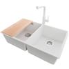 PRIMAGRAN Lavandino da Cucina al Mobile 80cm + Rubinetto, 76x47cm | Set: Rubinetto BW3010 + Kit di scarico + Tagliere + Lavello in Granito a 2 vasche - London Twin Slim, Bianco
