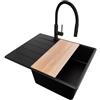 PRIMAGRAN Lavandino Angolare al Mobile 45cm + Rubinetto, 62x50cm | Set: Rubinetto BW6030 + Kit di scarico + Tagliere + Lavello in Granito a 1 Vasca - Copenhagen, Tutto Nero