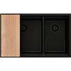 PRIMAGRAN Lavello sottotop al Mobile 80cm + Kit di scarico, 76x47cm | Set: Kit di scarico + Tagliere + Lavandino in Granito a 2 vasche - Prague Duo Level, Tutto Nero
