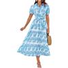 GRACE KARIN Abito estivo da donna, a maniche corte, floreale, casual, con colletto a polo, cintura e tasche, maxi abito da spiaggia, Fiore blu., XL