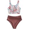 ZAFUL Set da Due Pezzi da Spiaggia, Top Annodato con Spallacci e Costume da Bagno Tropicale con Foglie