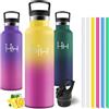 Motswedi Borraccia Termica 750ml, con Cannuccia, Bottiglia Termica, Borraccia Acciaio Inox, 6*Cannucce, per Bevande Calde e Freddo per Campeggio, Ciclismo, Palestra, Giallo & Rosa Acceso