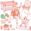 deAO Set Passeggino e Accessori per Bambole, Giochi di Ruolo Giocattoli | Bambole 30cm, Lettino, Seggiolone, Sacco Trasporto, Pieghevole, Montaggio Senza Attrezzi, Regali per Ragazze di 3 Anni+