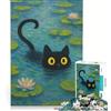 JIANGENNF Puzzle da 1000 pezzi per ragazzi: Gatto nero tra le ninfee, gioco rilassante, decorazione da parete, ideale per compleanno e Natale 38x26cm