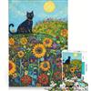 JIANGENNF Puzzle per ragazzi da 1000 pezzi: Gatto nero in un campo di girasoli, gioco impossibile, decorazione per la casa, collezione d'artista, belle arti 38x26cm