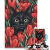 JIANGENNF Puzzle da 1000 pezzi per ragazzi, gatto nero tra i tulipani, giocattolo fai-da-te, antistress intellettuale, adatto come decorazione da scrivania 38x52cm