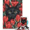 JIANGENNF Puzzle per ragazzi da 1000 pezzi: Gatto nero tra i tulipani, gioco interattivo, attività per tutta la famiglia, ottimo regalo per gli appassionati di videogiochi 38x26cm