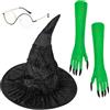 XEPST Set di Accessori per Costume da Strega - Costume da Strega da Donna con Cappello da Strega, Occhiali e Guanti Verdi per Costumi di Halloween per Adulti, Cosplay, Travestimenti di Carnevale