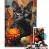 JIANGENNF Puzzle da 1000 pezzi per adulti: Gatto nero tra i fiori, gioco per famiglie, impegnativo da completare, per rafforzare l'amore tra le coppie 38x26cm