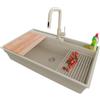 PRIMAGRAN Lavandino da Cucina al Mobile 90cm + Rubinetto, 88x53cm | Set: Rubinetto BW9070 + Kit di scarico + Lavello in Granito a 1 Vasca - Oslo 90 Pocket, Tutto Beige
