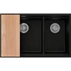PRIMAGRAN Lavello sottotop al Mobile 80cm + Kit di scarico, 76x47cm | Set: Kit di scarico + Tagliere + Lavandino in Granito a 2 vasche - Prague Duo Level, Nero Metallico