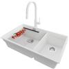 PRIMAGRAN Lavandino sottotop al Mobile 80cm + Rubinetto, 76x47cm | Set: Rubinetto BW9010 + Kit di scarico + Scolapasta avvolgibile + Lavello in Granito a 2 vasche - Prague Duo Level, Bianco