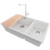 PRIMAGRAN Lavandino sottotop al Mobile 80cm + Rubinetto, 76x47cm | Set: Rubinetto BW3010 + Kit di scarico + Tagliere + Lavello in Granito a 2 vasche - Prague Duo Level, Bianco