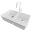 PRIMAGRAN Lavandino sottotop al Mobile 80cm + Rubinetto, 76x47cm | Set: Rubinetto BW9070 + Kit di scarico + Lavello in Granito a 2 vasche - London Twin, Bianco