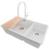 PRIMAGRAN Lavandino sottotop al Mobile 80cm + Rubinetto, 76x47cm | Set: Rubinetto BW6030 + Kit di scarico + Tagliere + Lavello in Granito a 2 vasche - Prague Duo Level, Bianco