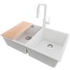 PRIMAGRAN Lavandino da Cucina al Mobile 80cm + Rubinetto, 76x47cm | Set: Rubinetto BW9070 + Kit di scarico + Tagliere + Lavello in Granito a 2 vasche - London Twin Slim, Bianco