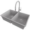 PRIMAGRAN Lavandino sottotop al Mobile 80cm + Rubinetto, 76x47cm | Set: Rubinetto BW6030 + Kit di scarico + Lavello in Granito a 2 vasche - London Twin, Grigio