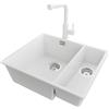 PRIMAGRAN Lavandino sottotop al Mobile 60cm + Rubinetto, 56x47cm | Set: Rubinetto BW3010 + Kit di scarico + Lavello in Granito a 1,5 vasche - London Duo, Bianco