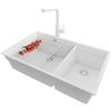 PRIMAGRAN Lavandino sottotop al Mobile 80cm + Rubinetto, 76x47cm | Set: Rubinetto BW3010 + Kit di scarico + Scolapasta avvolgibile + Lavello in Granito a 2 vasche, Tutto Bianco