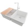PRIMAGRAN Lavandino da Cucina al Mobile 80cm + Rubinetto, 76x47cm | Set: Rubinetto BW3010 + Kit di scarico + Tagliere + Lavello in Granito a 2 vasche - London Twin Slim, Tutto Bianco