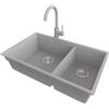 PRIMAGRAN Lavandino sottotop al Mobile 80cm + Rubinetto, 76x47cm | Set: Rubinetto BW5010 + Kit di scarico + Lavello in Granito a 2 vasche - Prague Duo Level, Grigio