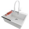 PRIMAGRAN Lavandino da Cucina al Mobile 60cm + Rubinetto, 58x50cm | Set: Rubinetto BW6030 + Kit di scarico + Scolapasta avvolgibile + Lavello in Granito a 1 Vasca - Riga, Bianco