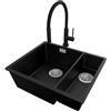 PRIMAGRAN Lavandino sottotop al Mobile 60cm + Rubinetto, 56x47cm | Set: Rubinetto BW6030 + Kit di scarico + Lavello in Granito a 1,5 vasche - London Duo, Nero