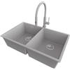 PRIMAGRAN Lavandino da Cucina al Mobile 80cm + Rubinetto, 76x47cm | Set: Rubinetto BW6030 + Kit di scarico + Lavello in Granito a 2 vasche - London Twin Slim, Grigio
