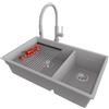 PRIMAGRAN Lavandino sottotop al Mobile 80cm + Rubinetto, 76x47cm | Set: Rubinetto BW6030 + Kit di scarico + Scolapasta avvolgibile + Lavello in Granito a 2 vasche - Prague Duo Level, Grigio