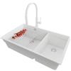 PRIMAGRAN Lavandino sottotop al Mobile 80cm + Rubinetto, 76x47cm | Set: Rubinetto BW6030 + Kit di scarico + Scolapasta avvolgibile + Lavello in Granito a 2 vasche, Tutto Bianco