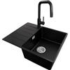 PRIMAGRAN Lavandino Angolare al Mobile 45cm + Rubinetto, 62x50cm | Set: Rubinetto BW9070 + Kit di scarico + Lavello in Granito a 1 Vasca - Copenhagen, Nero