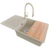 PRIMAGRAN Lavandino da Cucina al Mobile 60cm + Rubinetto, 90x50cm | Set: Rubinetto BW6030 + Kit di scarico + Tagliere + Lavello in Granito a 1 Vasca - Copenhagen Top, Beige