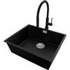 PRIMAGRAN Lavandino sottotop al Mobile 60cm + Rubinetto, 56x47cm | Set: Rubinetto BW6030 + Kit di scarico + Lavello in Granito a 1 Vasca - London, Nero