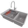 PRIMAGRAN Lavandino sottotop al Mobile 80cm + Rubinetto, 76x47cm | Set: Rubinetto BW6020 + Kit di scarico + Scolapasta avvolgibile + Lavello in Granito a 2 vasche - Prague Duo Level, Grigio