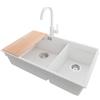 PRIMAGRAN Lavandino sottotop al Mobile 80cm + Rubinetto, 76x47cm | Set: Rubinetto BW5010 + Kit di scarico + Tagliere + Lavello in Granito a 2 vasche - Prague Duo Level, Bianco
