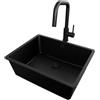 PRIMAGRAN Lavandino sottotop al Mobile 60cm + Rubinetto, 56x44cm | Set: Rubinetto BW9070 + Kit di scarico + Lavello in Granito a 1 Vasca - Venezia Easy, Tutto Nero