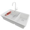PRIMAGRAN Lavandino sottotop al Mobile 80cm + Rubinetto, 76x47cm | Set: Rubinetto BW5010 + Kit di scarico + Scolapasta avvolgibile + Lavello in Granito a 2 vasche, Tutto Bianco