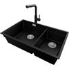 PRIMAGRAN Lavandino sottotop al Mobile 80cm + Rubinetto, 76x47cm | Set: Rubinetto BW3010 + Kit di scarico + Lavello in Granito a 2 vasche - Prague Duo Level, Nero